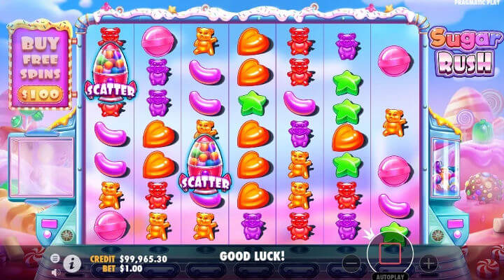 Giro en curso con la posibilidad de otorgar giros gratis en el juego Sugar Rush